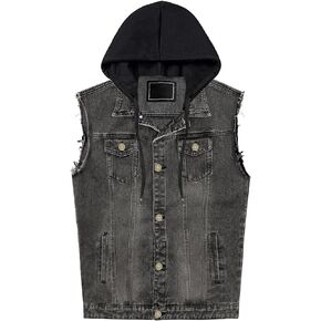 Men's Casual Button-Down Denim Vest Trucker Jean Jacket with Hoodie (Large, Black Ripped)