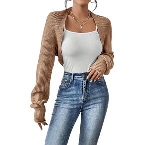 Verdusa Women's Long Sleeve Open Front Ribbed Knit Crop Cardigan Sweater Shrug