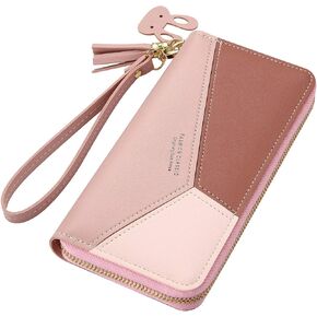Large Faux Leather Wallet for Women, Long Women's Zip Around Wallet Clutch Travel Tassel Purse Wristlet In Colorblock Leather With Eight Card Slots Money Organizer and Phone Holder (Pink Red)