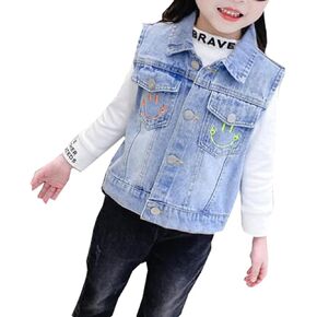 MYtodo Girls Lapel Vest Children Short Section Sleeveless Denim Jacket