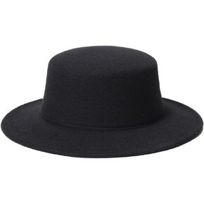 Black Classic Flat Fedora Hat Vintage Wide Brim Flat Pork Pie Boater Hat Adjustable Church Derby Cap for Wedding Party Performance Show