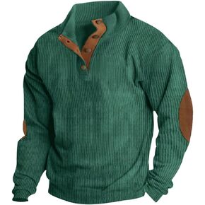 Men's Casual Stand Collar Long Sleeve Corduroy Henley Polo Shirt Button Down Waffle Pullover Tops