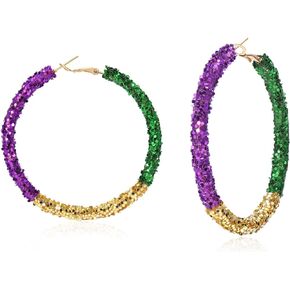 RareLove Lightweight Purple Yellow Green Mardi Gras Hoop Earrings for Women Big Size Mardi Gras Costume Jewelry Accessories