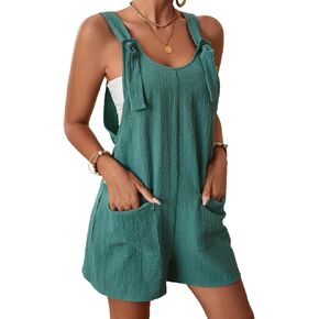 Hvewarm Women Summer Linen Overalls Shorts Loose Fit Sleeveless Knot Strap Cotton Short Romper Jumpsuits with Pockets in Kuwait