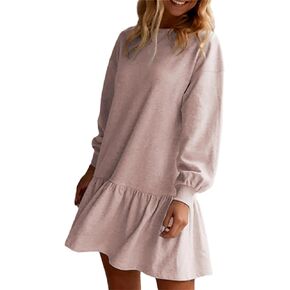 HOULENGS Women's Casual Crew Neck Pullover Sweatshirt Dress Long Sleeve Ruffled Sweatshirt Mini Dresses