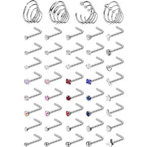 ZZHDCC 56PCS Surgical Steel Nose Rings For Women Men CZ Ball Dot Cross Heart Butterfly Nose Piercing Jewelry L Shaped Nose Ring Stud Set 20G Nose Rings Hoops Nostril Lip Piercing Body Jewelry