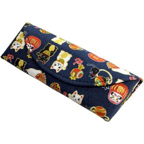 Japanese Traditional Chirimen Cloth Eyeglasses/Sunglasses Hard Shell Case Manekineko (Beckoning Cat) Daruma Doll Design (Navy) in Saudi Arabia