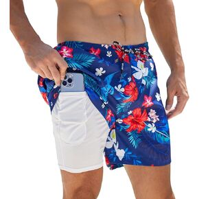 Mens Swim Trunks with Compression Liner 5'' Quick Dry Board Shorts 2 in 1 Beach Shorts for Men with Pockets
