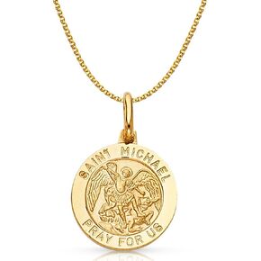 14K Yellow Gold St. Michael Pray For Us Charm Pendant with 1.2mm Flat Open Wheat Chain Necklace
