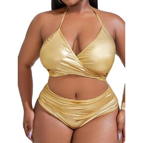 MakeMeChic Women's Plus Size 2 Piece Shiny Metallic Bikini Set Halter Triangle Swimsuit Bathing Suit