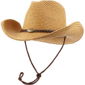 Western Cowboy Hat with String for Women Men Foldable Summer Sun Protection Straw Beach Hats with Wide Brim