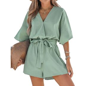 CUPSHE Women Short Dolman Sleeves Paisley Print Belted Romper Relaxed Fit Self-tie Boho Jumpsuits