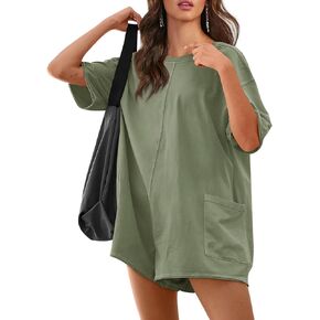 Yousify Rompers for Women 2024 Summer Athletic Oversized Romper Short Sleeve Jumpsuit Adult Onesie with Pockets
