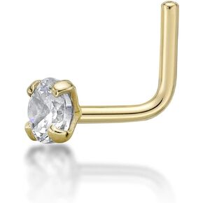 Lavari Jewelers 20 Gauge L-Shape Nose Stud Ring for Women in 14k White Gold with 2 mm or 3 mm Cubic Zirconia