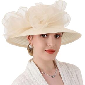 DRESHOW Women Organza Hat Church Cap Hats Cocktail Tea Party Wedding Bridal Flower Hat with Wide Brim