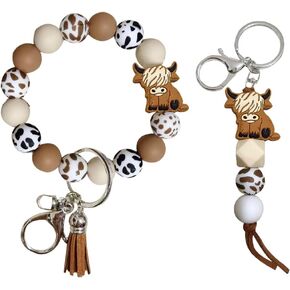 iMagitek Highland Cow Keychain Wristlet Silione Beaded Keychains Highland Cow Wristlet Keyring Gifts for Girls Women Boys 2 Pack