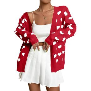 QLIPIN Heart Cardigans Women Valentines Day Cardigan Cute Love Print Sweater Cardigans Casual Knit Sweaters with Pockets