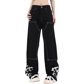 Baggy Cargo Pants Y2k for Women Men Star Embroidered Jeans High Waisted Casual Streetwear Grunge Clothes Black
