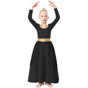 HIHCBF Girls Long Sleeve Praise Dance Dress Liturgical Metallic Waistband Wide Swing Chiffon Skirt Worship Lyrical Costume