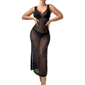 Verdusa Women's Crochet Cover Ups Hollow Out Bikini Swimwear Split Long Beach Dress