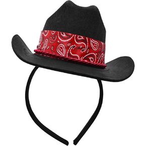 Nicky Bigs Novelties Adult Womens Mini Cowgirl Hat Headband - Small Black Cowboy Hat Fascinator - Red Paisley Bandana Trim Unisex Costume Accessory