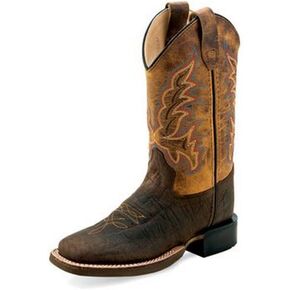 Old West Boots Unisex-Child Broad Square Toe Burnt Dark Brown Leather Cowboy Boots