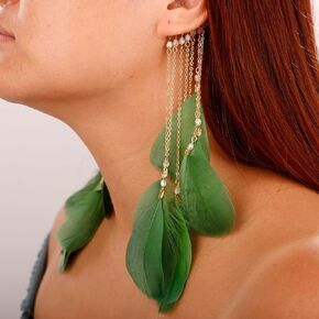 Feather Ear Cuff Earrings Tassel Feather Dangle Drop Long Chain Earrings Beaded Ear Crawler Climber Non Piercing Ear Wrap Cuffs Earrings for Women Girls (Green)