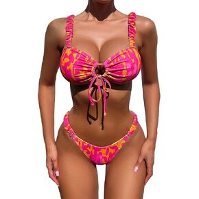 OYOANGLE Women's Allover Print O-Ring Linked Tie Front Bikini Set 2 Piece Summer Cheeky Swimsuit