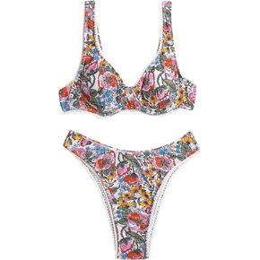 Milumia Women's 2 Piece Floral Print Swimsuits Knot Back Underwire High Cut Bikini Sets