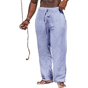 Men's Casual Cotton Linen Drawstring Pants Breathable Summer Beach Pants