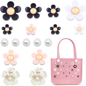 Charms for Bogg Bag, Pearls and Colorful Flowers for Bogg Bag Accessories, Compatible with Women Rubber Beach Bag Tote Handbag Decoration（17 Pcs）