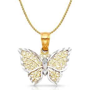 Ioka 14K Two Tone Gold Fancy Monarch Butterfly Charm Pendant with 1.2mm Flat Open Wheat Chain Necklace