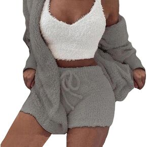 Vakkest Women's Sexy 3 Piece Pajamas Outfit Fuzzy Fleece Warm Sherpa Coat Jacket Outwear Spaghetti Strap Crop Top Shorts Set