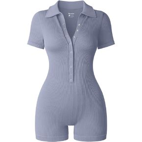OQQ Women Yoga Rompers Ribbed V Neck Stretch Tummy Control Exercise Rompers