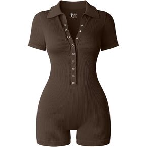 OQQ Women Yoga Rompers Ribbed V Neck Stretch Tummy Control Exercise Rompers