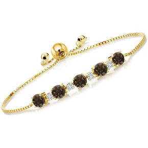 Gem Stone King 18K Yellow Gold Plated Silver Brown Smoky Quartz and White Lab Grown Diamond Tennis Bracelet For Women (2.76 Cttw, Fully Adjustable Up to 9 Inch)