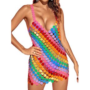 Nicute Sequin Rainbow Dress Sparkly V Neck Disco Sleeveless Chainmail Dress Hollow Out Summer Bikini Dresses for Women