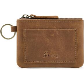 S-ZONE Genuine Leather Coin Purse for Women Men, Zipper Pouch Pocket Wallet for Change, Cards with Keychain