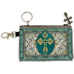 Needzo Rosary Pouch - Prayer Beads Case - Tapestry Keepsake Key Chain Coin Holder with Zipper 4 3/4 Inch Width, Green with Gold