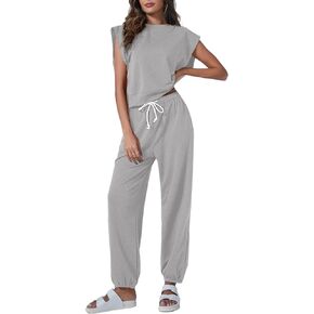 Tankaneo Women's Summer 2 Piece Outfits Casual Lounge Sets Oversized Sleeveless Tops Sweatpants with Pockets Pajama Sets