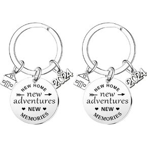 2Pcs New Home Keychain 2024 New Adventures Keyrings Housewarming Gifts For New Homeowner House Keyring