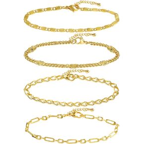 14K Gold Chain Bracelets Set for Women, Dainty Gold Paperclip Link Bead Bracelet Stackable Layered Bracelets Metal Fashion Jewelry