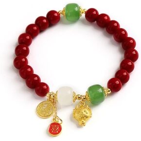 Fuqimanman2020 2024 Chinese Zodiac Year of The Dragon Red Beads Stretch Bracelets Feng Shui Dragon Pendant Wrap Elastic Bracelet with Tassel for Women Men Spring Festival New Year Jewelry Gift