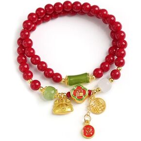 Fuqimanman2020 2024 Chinese Zodiac Year of The Dragon Red Beads Stretch Bracelets Feng Shui Dragon Pendant Wrap Elastic Bracelet with Tassel for Women Men Spring Festival New Year Jewelry Gift