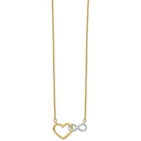 Solid 14k White and Yellow Gold Two TonedY Heart with Infinity Love Knot Symbol Symbol Pendant Necklace Charm Chain 17" (Width = 9mm)