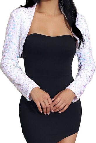 سترة نسائية سهلة الاستخدام مزينة بالترتر لفساتين السهرة سترات بوليرو بأكمام طويلة للحفلات الراقصة سترة مفتوحة من الأمام in Kuwait