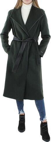 TAHARI Juliette Women's Wool Blend Double Face Faux Leather Trim Belted Coat Green S in Saudi Arabia