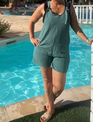 Hvewarm Women Summer Linen Overalls Shorts Loose Fit Sleeveless Knot Strap Cotton Short Romper Jumpsuits with Pockets in Kuwait