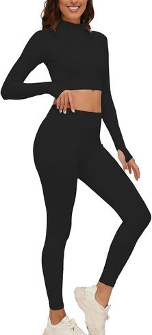 X-SNOW FALCON Women's Workout Yoga Sets 2 Piece Seamless Leggings High Neck Crop Tops Active Wear Outfits in Saudi Arabia