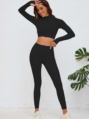 X-SNOW FALCON Women's Workout Yoga Sets 2 Piece Seamless Leggings High Neck Crop Tops Active Wear Outfits in Saudi Arabia